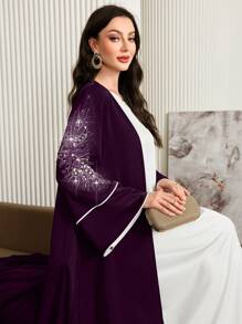 Al Najma Women Patchwork Sequin Open Front Long Robe Abaya Outwear, Elegant Modest Maxi Full Length Luxury Abaya, For Evening Party/Wedding Guest/Anniversary