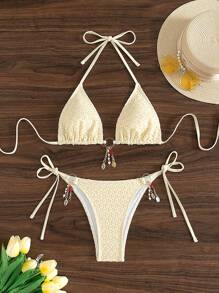 SHEIN Swim Spring Break Textured Summer Women Beachwear Outfit, Sexy Halter Circular Ring Embellished Triangle Top Bikini Set, Festival Boho Style - Yellow - View 1
