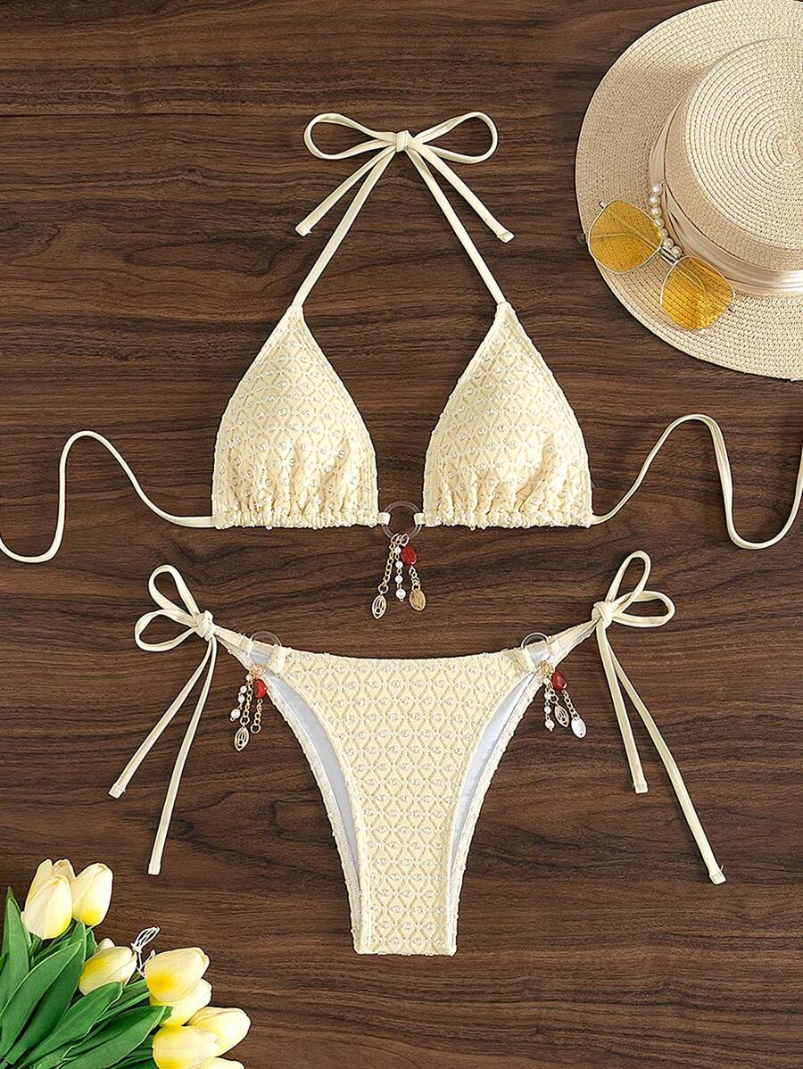 SHEIN Swim Spring Break Textured Summer Women Beachwear Outfit, Sexy Halter Circular Ring Embellished Triangle Top Bikini Set, Festival Boho Style - Yellow - View 1