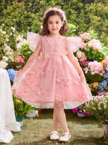 SHEIN DRMZ Young Girl 3D Rose Floral Print Ruffle Sleeve Mesh A-Line Cake Dress, Ramandan Style Matching Family Vacation, Cute & Elegant & Fashionable, Partywear, Birthday, Gorgeous Princess, Mom And Daughter & Sisters Matching.Spring Summer. - Pink - View 6