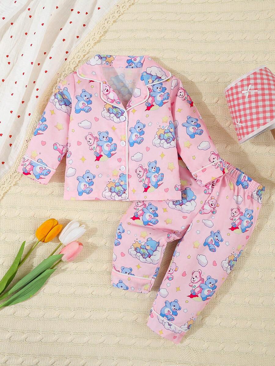 2pcs/Set Baby Girl Pink Bear Print Long Sleeve Shirt And Pants Casual Loungewear Pajamas Set - Pink - View 1