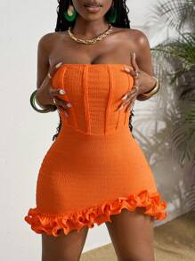 Slaydiva Women Spring/Summer New Music Festival, Western, Bohemian, Wedding, Easter, Nashville, Birthday Party, Graduation, Student, Daily Casual, Versatile, Leisure, Cruise Travel, Beach, Sunbathing, Viral Strapless Dress With Textured Fabric, Ruffled Hem, Asymmetric Hem, Orange