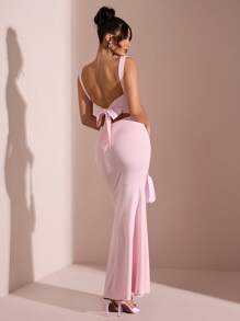 SHEIN BAE 女士纯色粉色、浅粉色垂领性感露背系带开衩紧身连衣裙，适合毕业季、伴娘派对、情人节、生日、返校 - 粉色 - 查看 5