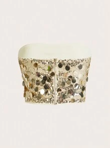 SHEIN ICON Áo Crop Top Lấp Lánh Y2K, Trang phục dự tiệc gợi cảm - Vàng - Xem 2