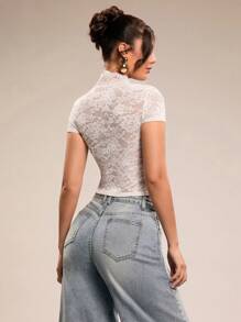 SHEIN BAE Ladies Deep V-Neck Contrast Lace Short Sleeve Tee Shirt, Sexy Lace Blouse, Valentine's Day Tops, White Lace Tops, Casual Office Wear, Holiday Lace Tops