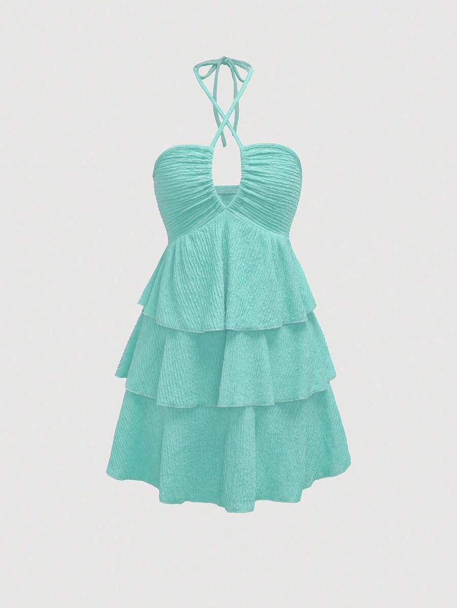 SHEIN Unity 领口荷叶边下摆连衣裙，纯色休闲简约优雅连衣裙，适合日常穿着 - 薄荷綠 - 查看 1