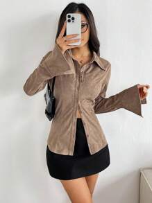 Flirla Women's Plain Color Cuff Slit Long Sleeve Shirt, Spring/Autumn - Brown - View 1