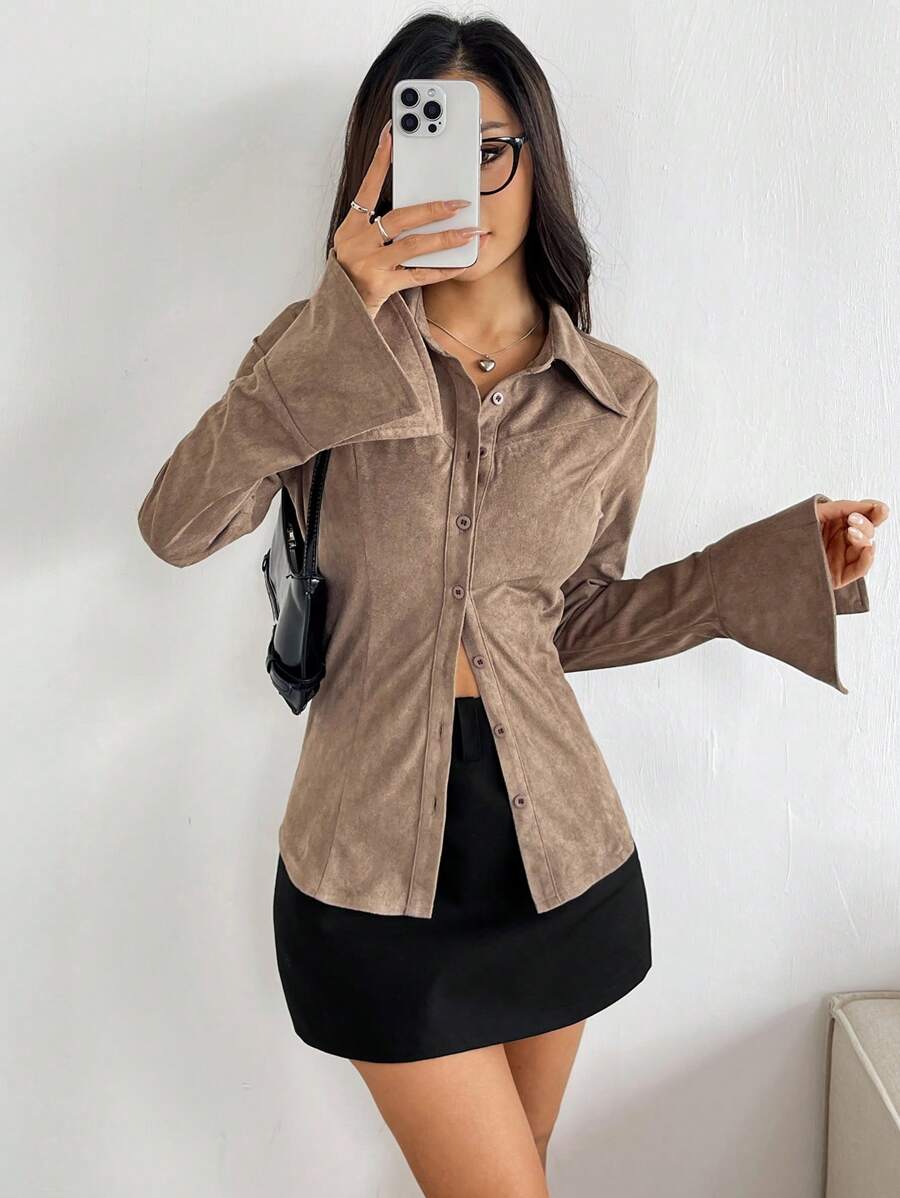 Flirla Women's Plain Color Cuff Slit Long Sleeve Shirt, Spring/Autumn - Brown - View 1