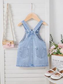 SHEIN Váy yếm denim xanh thêu hoa cho bé gái, váy hoa đồng quê cho bé gái, trang phục lễ hội đi biển cho bé gái - Rửa nhẹ - Xem 2