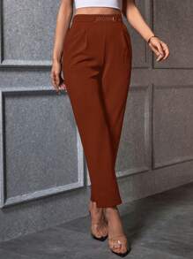 SHEIN Privé Women's Solid Color Metal Decor Pocket Casual Pants, Simple Design - Brown - View 5