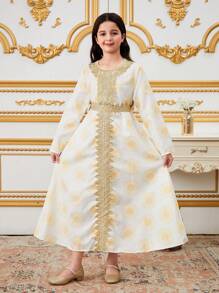 Girls' Traditional Elegant Gold Sunflower Floral Trim Collar & Belt Round Neck Long Sleeve Dress, Suitable For Outings & Gatherings - White - View 5