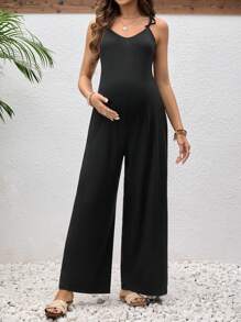 SHEIN Maternity Solid Color V-Neck Sleeveless Casual Loose Jumpsuit - Black - View 4