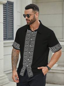 Manfinity Homme Heren effen patchwork-knoopsluiting, casual top met korte mouwen, dagelijks gebruik