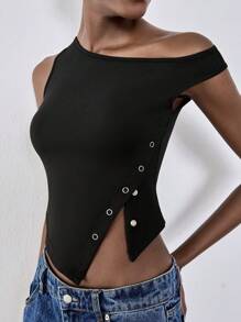 Chiquease Asymmetrical Hem Slit Back Elastic Knitted Fitted Women Tank Top - Black - View 3