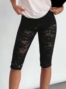 SHEIN Essnce Women's Black Lace See-Through Tights All-Match Shorts Leggings Women Bottoms Summer Clothes Women Capris Women Leggings