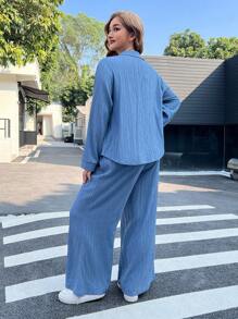 Muchica 2 件套加大码蓝色长袖蓝色衬衫和裤子，春夏装 - 淺藍色 - 查看 2