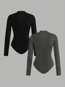 SHEIN EZwear 2 件套女士拉链高领紧身衣套装，休闲长袖紧身衣 - 彩色 - 查看 2