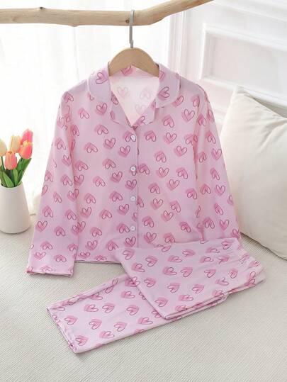 2pcs/Set Little Girls Casual Pink Bow Print Shirt Collar Long Sleeve Top And Pants Outfit