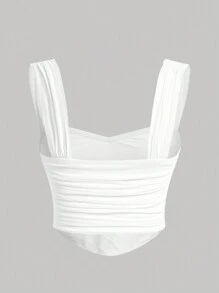 Tween Girls Cute White Summer Sweetheart Collar Romatic Solid Ruched Wide Strap Top,Back To School,French Elegance - White - View 3