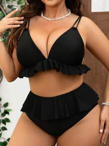 Swim Mod Plus Size Women's Black Ruffled Decor Swimwear Set Summer