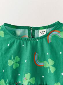 THE HAPPY LOOK Young Girl Round Neck Long Sleeve Lucky Green Clover Print Minimalist Casual Top, Everyday Wear, Suitable For St. Patrick's Day - Multicolor - View 5