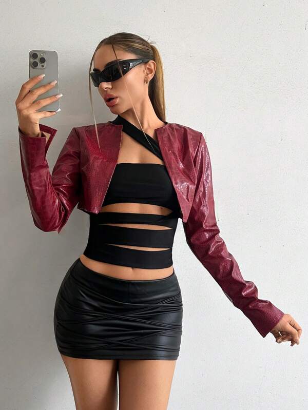 EgrlEra Women's Anchora Red Animal Pattern Leather Print Long Sleeve Short Jacket