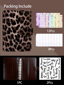 1 st A6 leopardmönster med dragkedja - budgetpärm i PU-läder med kontantficka, anteckningsbok för utgiftsspårning, researrangör, multifunktionell ringanteckningsbok för resor och kontor - kaffebrun - Kaffebrun - Visa 1