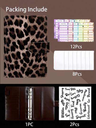 1 Stück A6 Leoparden Muster Reißverschluss Planer - PU Leder Budgetbinder mit Bargeldtasche, Ausgabenverfolgungsnotizblock, Reiseorganizer, Mehrzweck-Ringhefter für Reise & Büro - Kaffeebraun