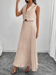 SHEIN Clasi Solid Color Minimalist Sleeveless Vest And Pleated Skirt 2 Pieces Set