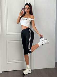 Flirla 女式时尚百搭条纹拼色运动型黑色紧身裤 - 黑色 - 查看 4