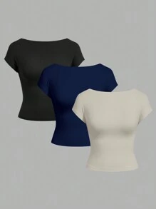 SHEIN EZwear Bộ 3 Áo Thun Hở Lưng Tối Giản Thường Ngày, Thích Hợp Cho Mùa Hè - Nhiều màu - Xem 2