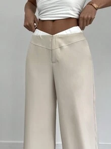 Siren Gaze Quần âu màu trơn mùa xuân hè dành cho nữ, thiết kế cạp 2 lớp, họa tiết khối màu ở chân, quần ống rộng, trang phục đi làm hàng ngày, quần áo thu đông cho nữ - Màu be - Xem 3