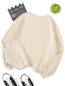 INAWLY Plus Size Casual Cartoon & Letter Print Crew Neck Sweatshirt For Autumn Graduation,Back To School,Graduation,Teacher For Women,Back To School Pullover Fall Winter Sweatshirt - Apricot - View 2