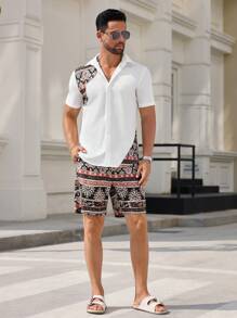 Manfinity VCAY Manfinity Modomio 2pcs Men's Woven Slim Fit Contrast Color Collared Short Sleeve Casual Shirt Set, Summer,Beach Men Shirt,Beach Men,Men Dress Shirt,Men Shorts Set,Two Pieces Beach Set - White - View 5