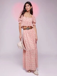 WESTFADE Áo crop top peplum cổ vuông tay bồng in hoa mùa xuân cho lễ hội - Màu be - Xem 2