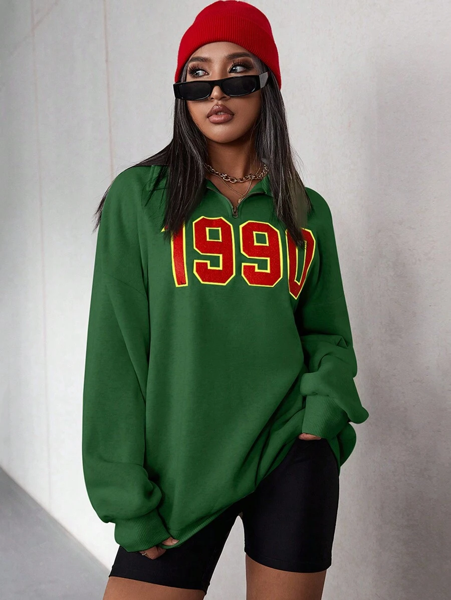 SHEIN EZwear Sudadera oversize con cuarto de cremallera y estampado de números, para otoño/invierno - Verde Oscuro - Ver 1