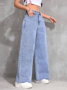 宽松高腰直筒洗水牛仔裤 - 中等水洗藍 - 查看 6