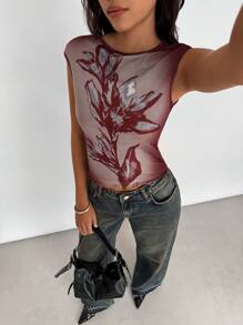 Siren Gaze Summer Casual Floral Print Mesh Crop T-Shirt Christmas Flower Red New Year Vacation Valentine's Day Holiday Resort - Red - View 5