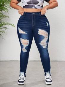 SHEIN CURVE+ سراويل جينز ممزقة كبيرة الحجم للنساء، جينز مطاطي ممزق مريح للغاية