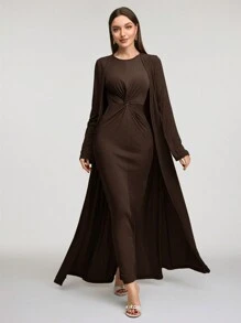 Veilorie Bộ 2 chiếc/Bộ Đầm suông màu trơn thanh lịch cho nữ kèm áo khoác dài thêm Bộ 2 món khiêm tốn - Cà phê nâu - Xem 6