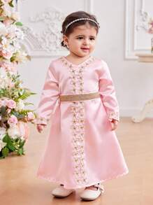 女婴粉色缎面长袖连衣裙，优雅适合派对、斋月、春季、秋季 - 彩色 - 查看 5