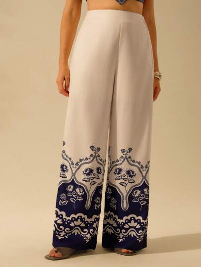 CAJUNI 女式海军蓝热带印花波西米亚风阔腿超长直腿裤