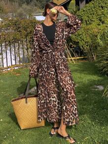 DAZY Leopard Print Loose Long V-Neck Long Sleeve Belted Casual Summer Shirt For Women