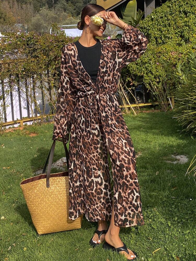 Leopard Print Loose Long V-Neck Long Sleeve Belted Casual Summer Shirt For Women