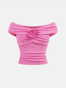 Girlism Teen Girls Dimensional Floral One-Shoulder Tube Top Vest With Gathered Pleated Neckline, Ribbed Fabric, Suitable For Party, Daily Wear, Elegant Refined, Good Fit - Pink - View 1