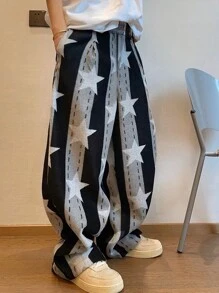 SHEIN Manfinity Dauomo 男式休闲撞色条纹和星星印花运动裤 - 彩色 - 查看 1