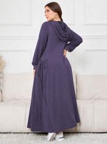 Lacomfia Plus Size Women Drawstring Hooded Long Sleeve Solid Color Tie Side Casual Sweatshirt Dress For Autumn/Winter