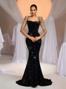 Glamrae فستان ماكسي من الفيلكرو الرائق مطرز باللؤلؤ لامع نصف شفاف أكمام طويلة مناسب للزفاف والحفلات والسهرات والأعياد والسهرات الراقية (بطراز التطريز الثقيل)، فستان حفلة، رقصة، رسمي، سهرة، حفل زفاف - الأسود - مشاهدة 7