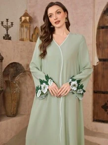 SHEIN Najma Váy midi bó hoa màu tương phản thanh lịch & hàng ngày dành cho nữ, kín đáo - màu xanh lá - Xem 5