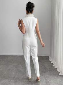 Gloray 2 件套：合身无袖深 V 领 3D 荷叶边口袋纽扣交叉不对称下摆七分阔腿裤，优雅休闲时尚正式服装，适合工作、婚礼、派对、春/夏